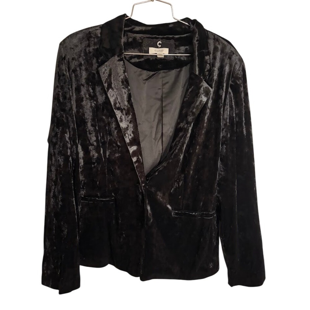 Cupio Women Black Crushed Velvet Blazer Open Front Jacket Size Large L/G/G